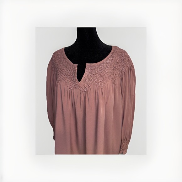 J. Jill Clay Brown Smocked Split Neck 3/4 Sleeve Blouse Top Size XL Peasant Boho - Picture 1 of 5